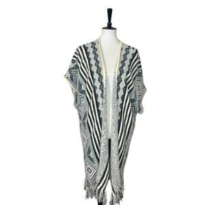 Emory Park Long Fringe Cardigan Sweater Open Front Cream Gray Boho Women’s Large